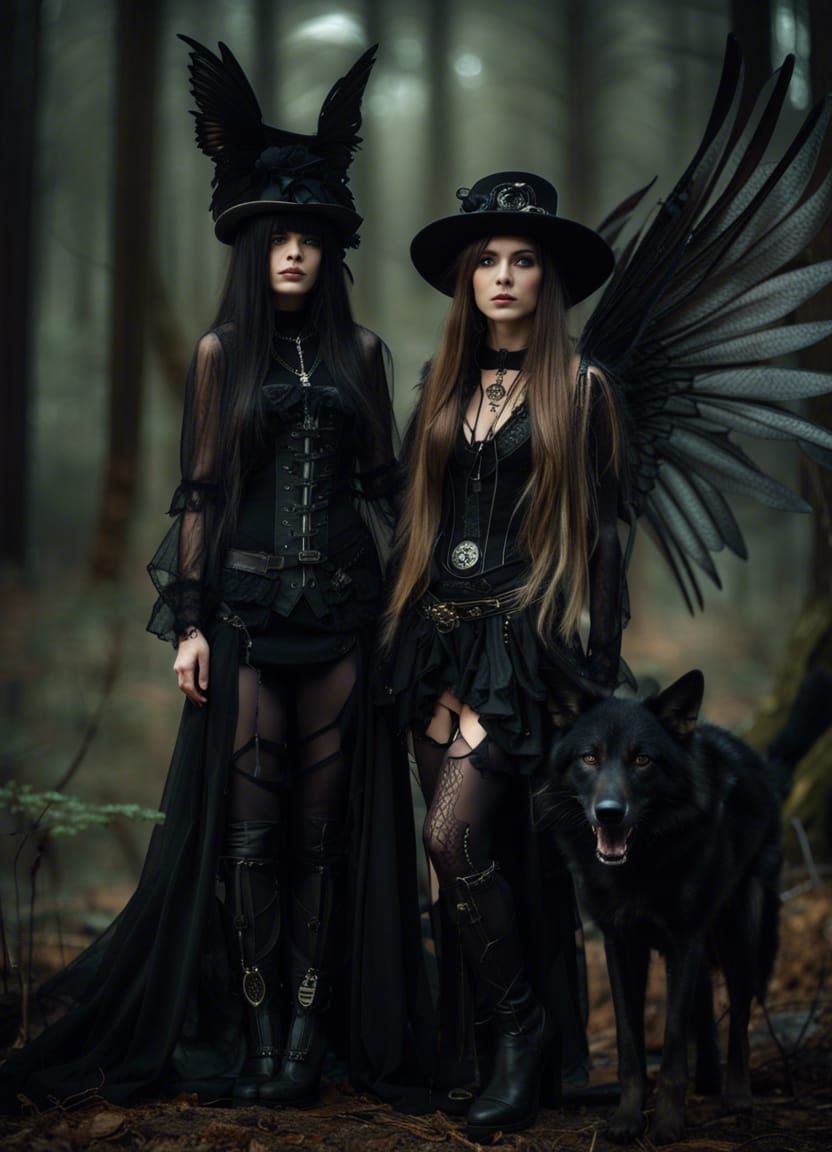 Steampunk Fairy Witch and Wolf in Forest