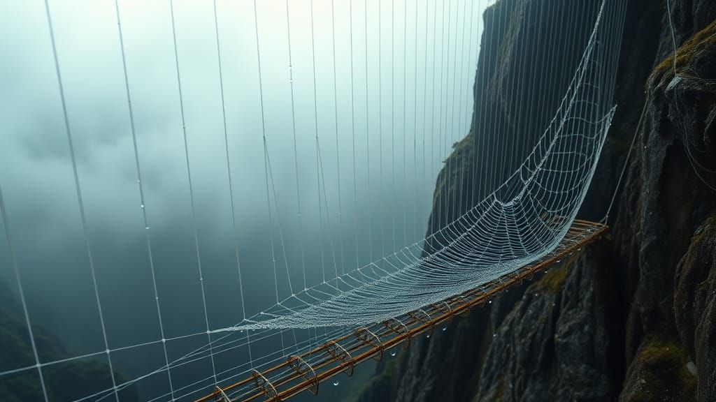 Realistic Spiderweb Bridge Over Misty Ravine