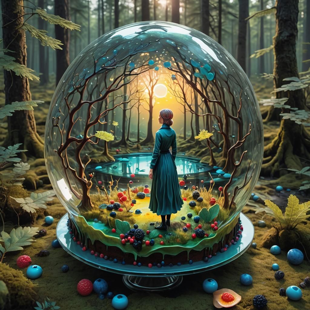 Bioluminescent Scandinavian Forest Cake with Woman