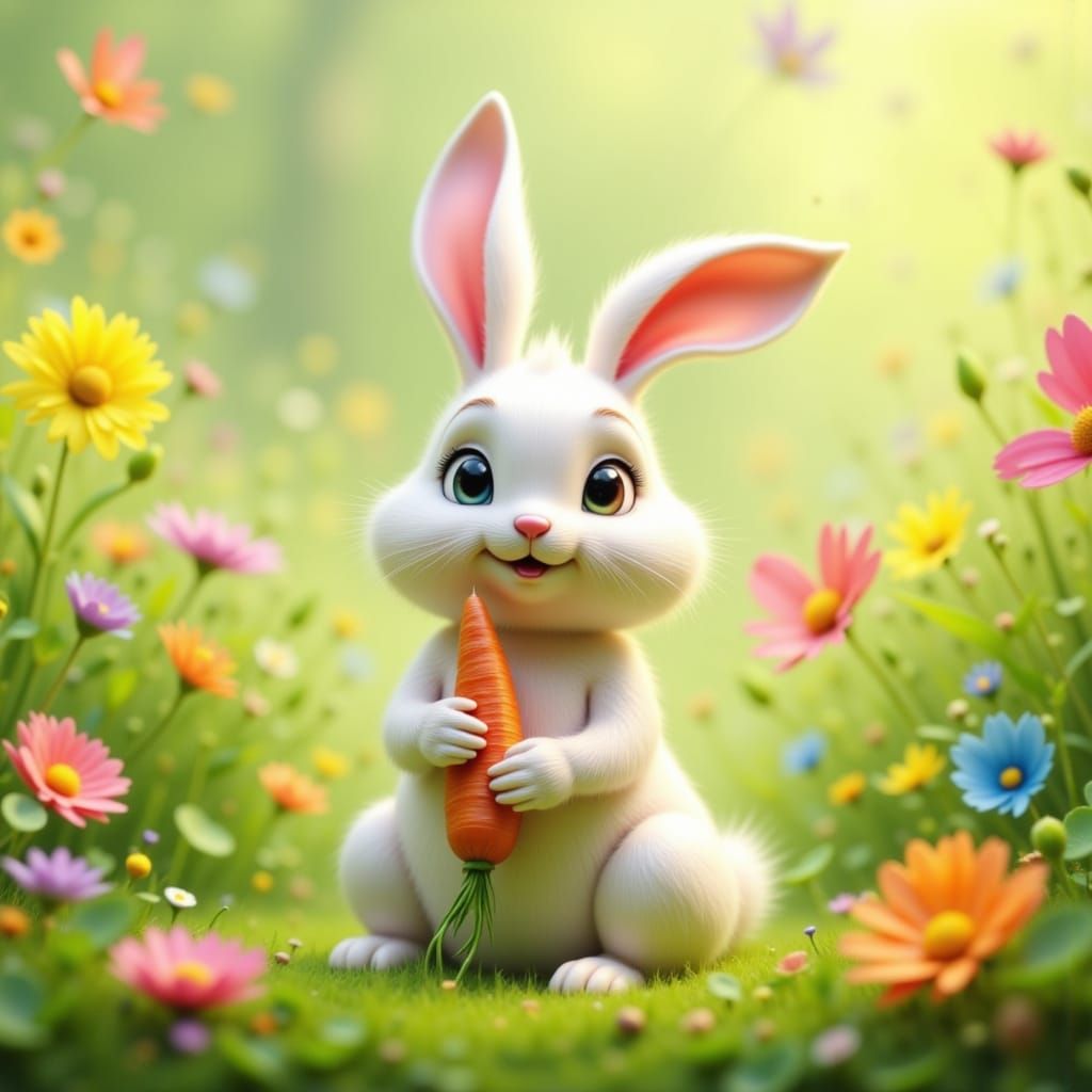 Happy Cartoon Rabbit in Colorful Meadow