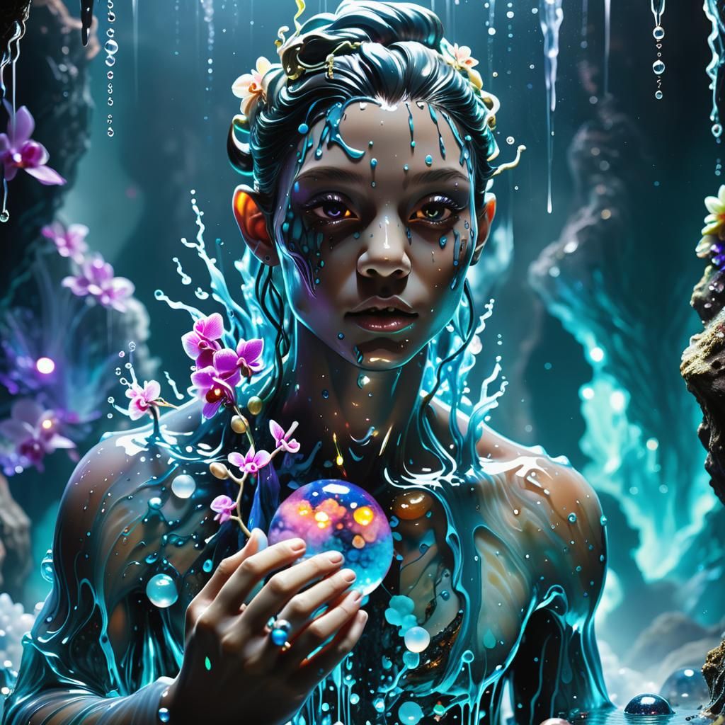 Water Elemental in Crystal Cave, Neon Ink Splatter Style