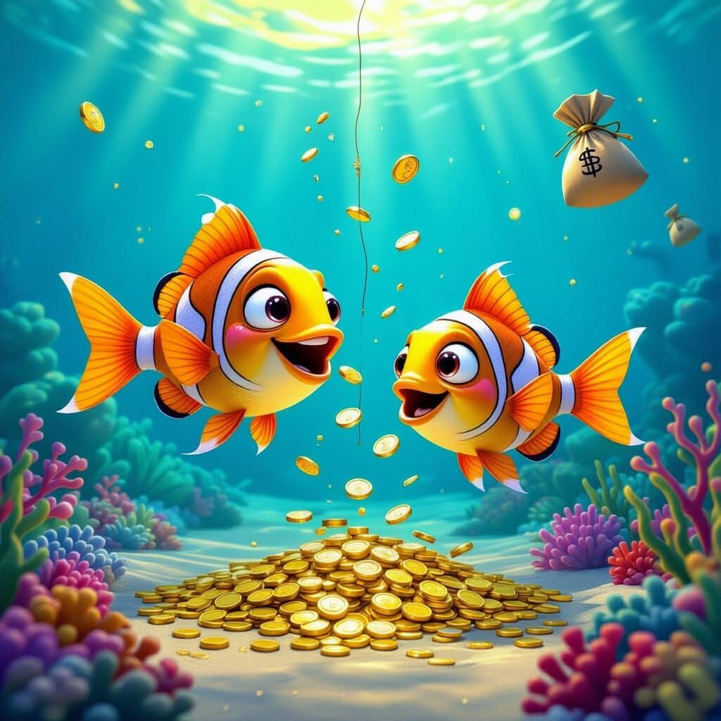 Underwater Cartoon Fish Spitting Gold Coins in Disney Pixar ...