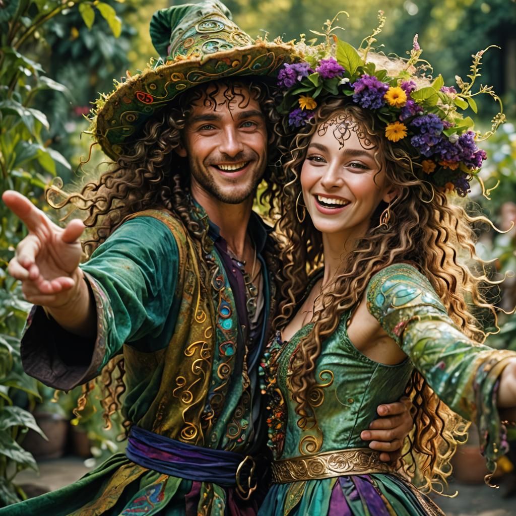 Ecstatic Elven Couple Dancing in Garden Paradise