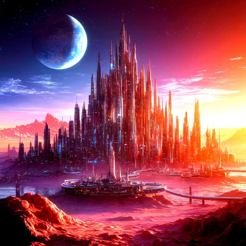 Futuristic Cyberpunk Cityscape at Sunset