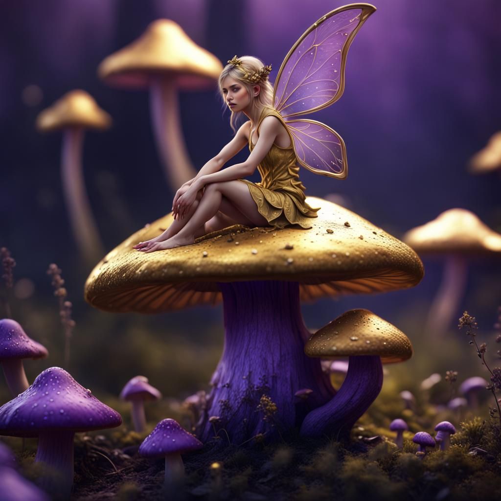 Golden Fairy on Purple Mushroom: Fantasy Concept Art