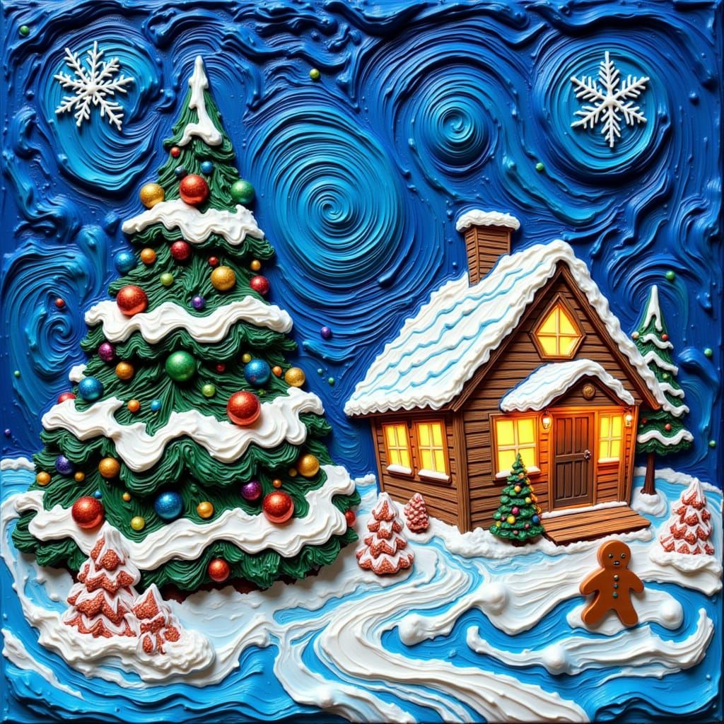 Whimsical Meringue Christmas Scene in Impasto Style