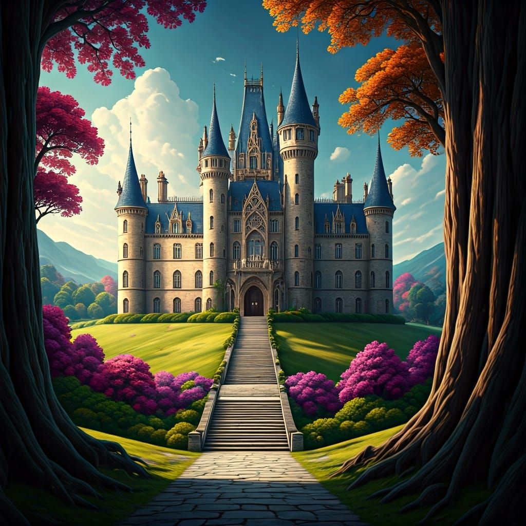 Majestic Castle with Linda Inscription in Mystical Realism