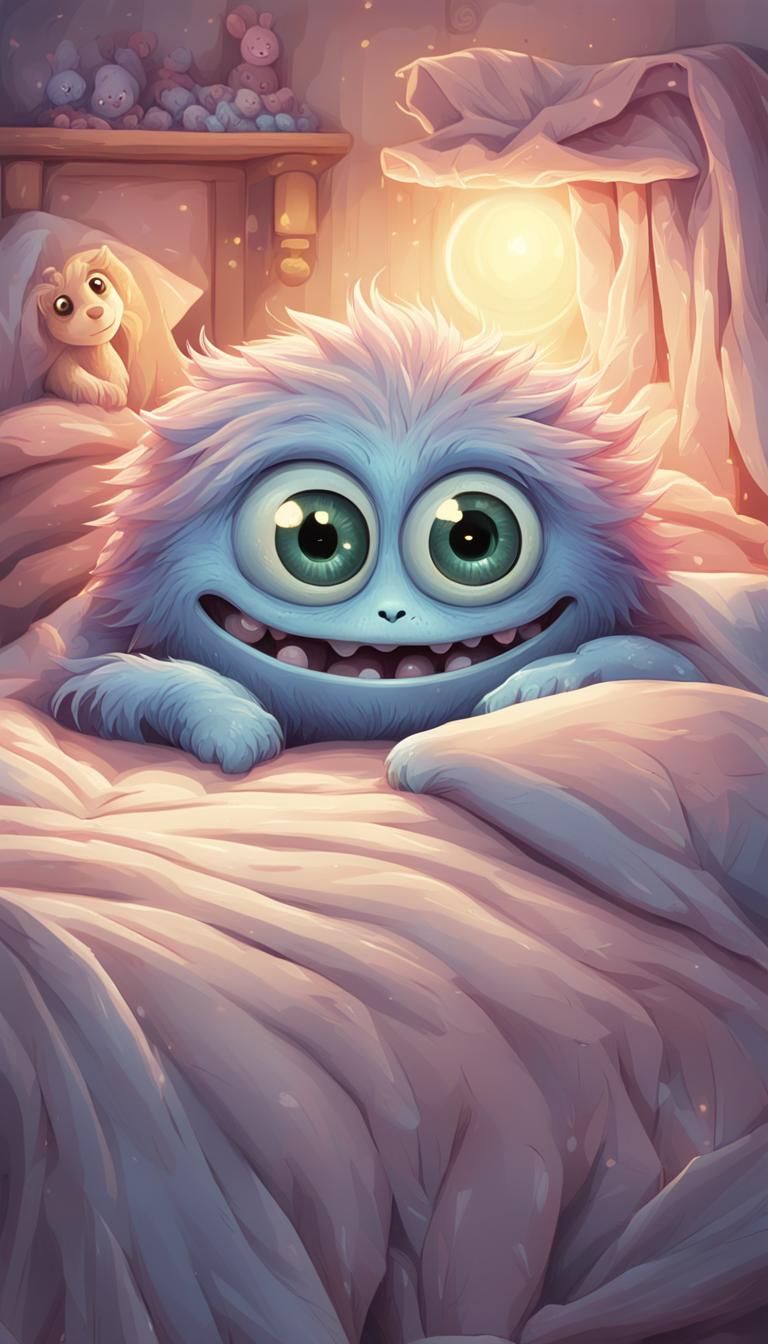 Pastel Monster Emerges from Under Bed in Dreamy Illustration