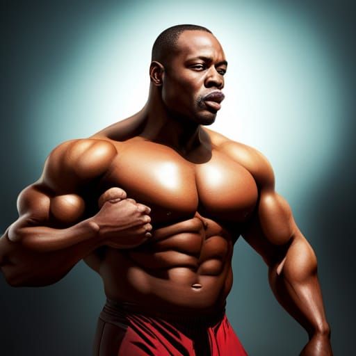 Powerful Bodybuilder Flexing Biceps: Detailed Digital Painti...