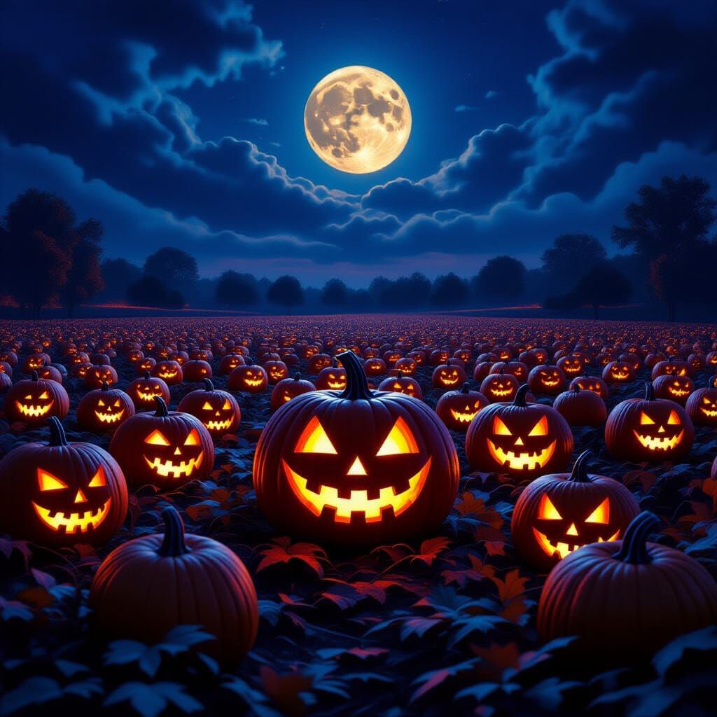 Spooky Jack-o'-Lanterns Glow in Vast Pumpkin Patch