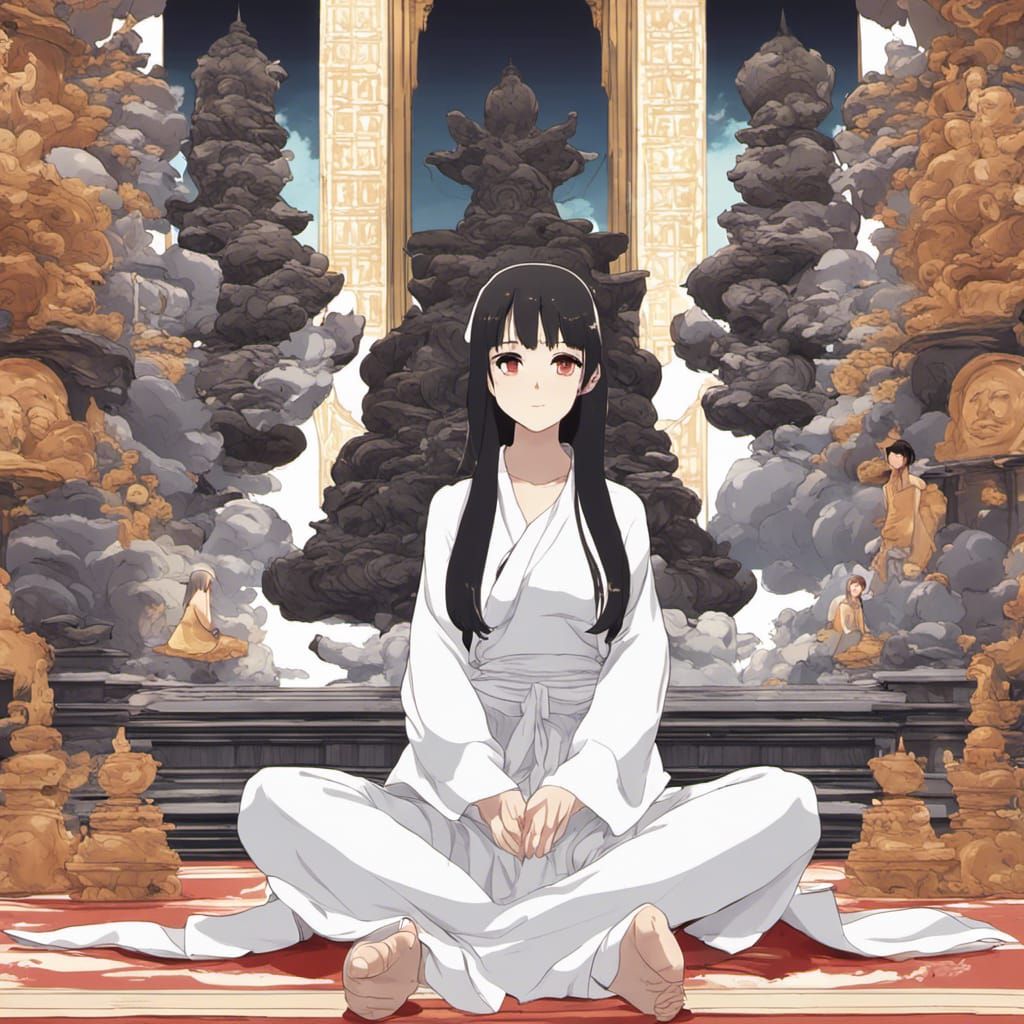 Girl Before Buddha Statue in Anime Style