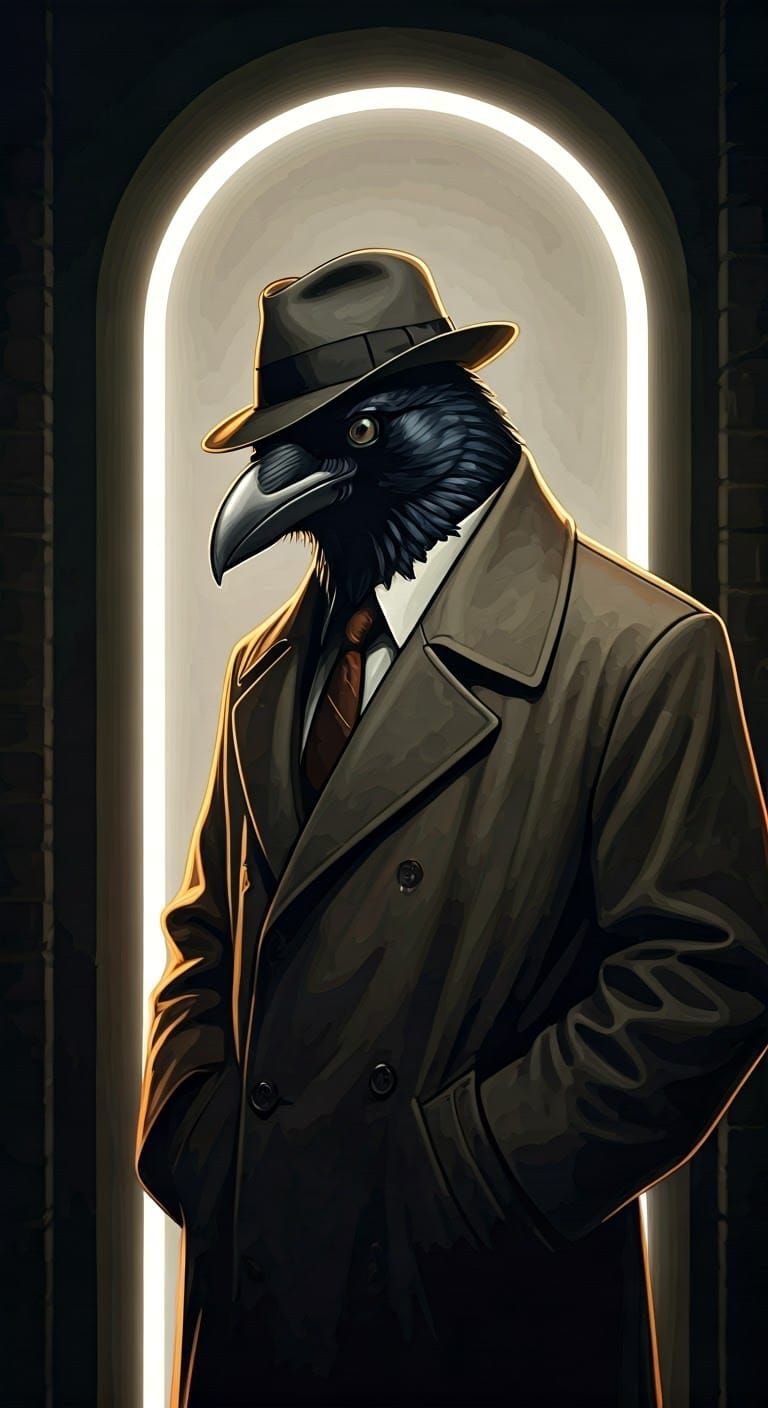 World-Weary Crow Gumshoe in Film Noir Alleyway