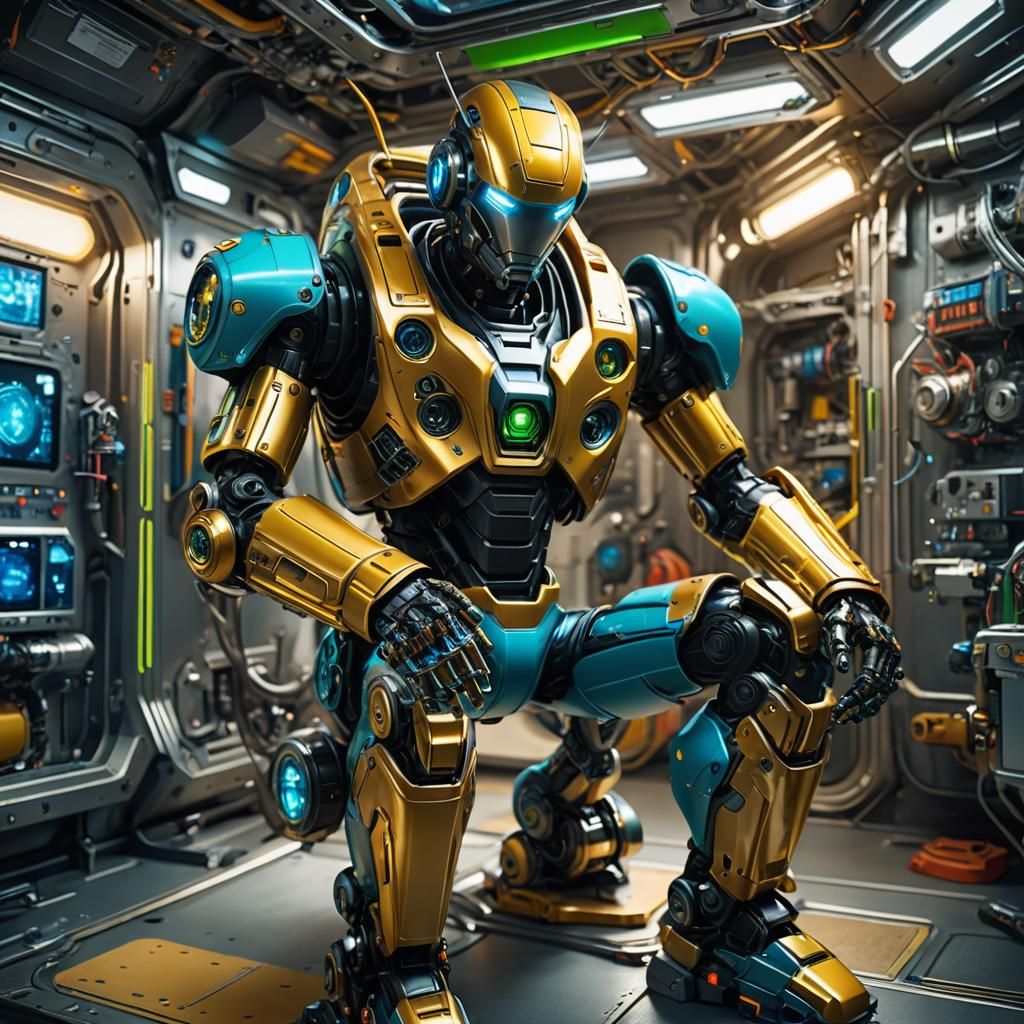 Sci-Fi Robot Repairs Machinery on Space Station