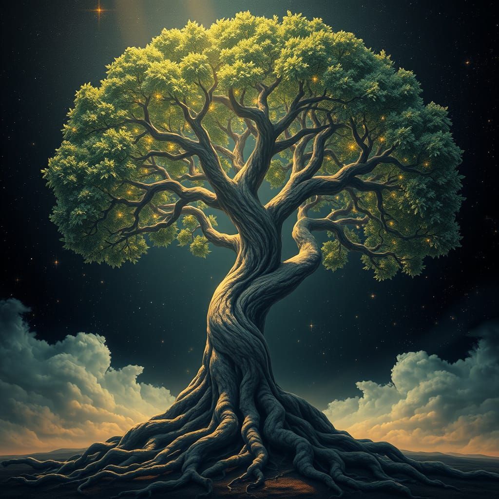 Majestic Tree of Life Under Starry Night Sky