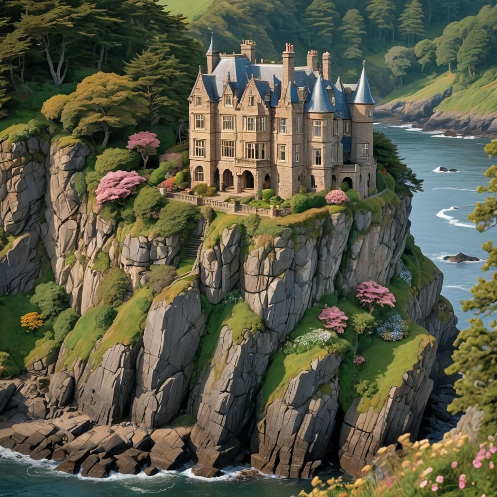 Scottish Manor House by Coast in Spring, Fantasy Art