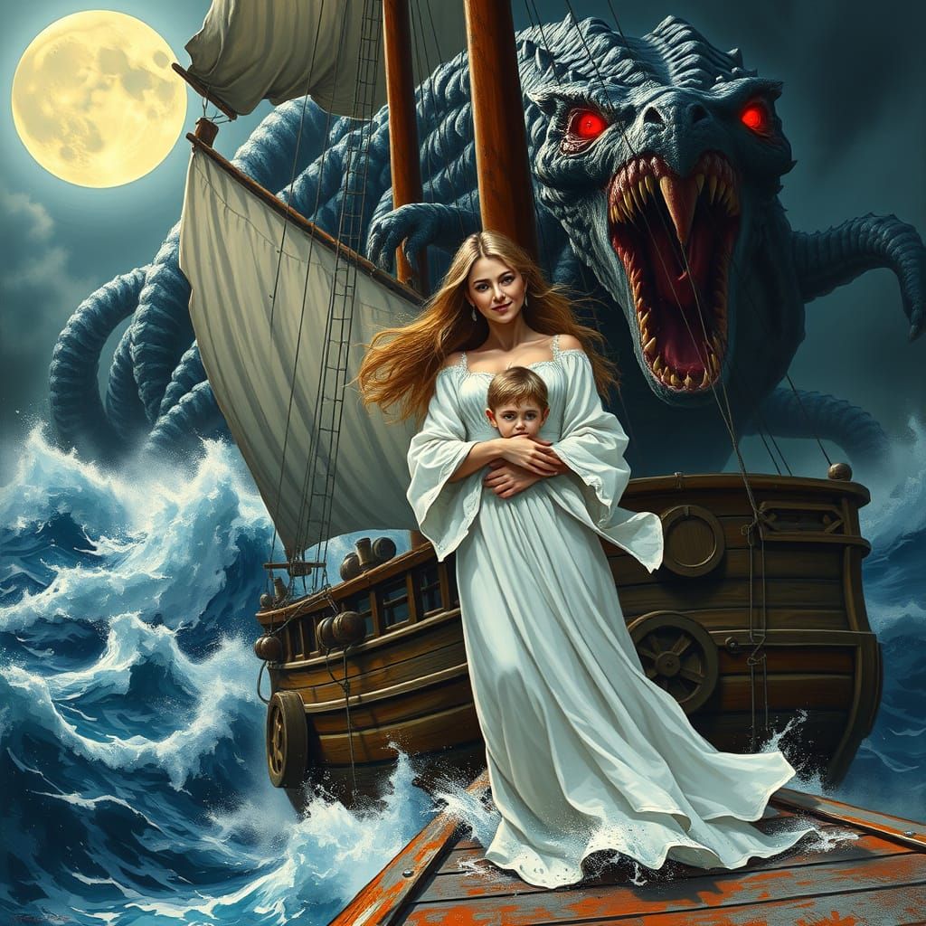 Woman and Child Face Sea Monster in Fantasy Art