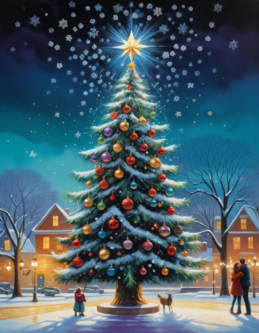 Majestic City Christmas Tree in Whimsical Oil Painting Style