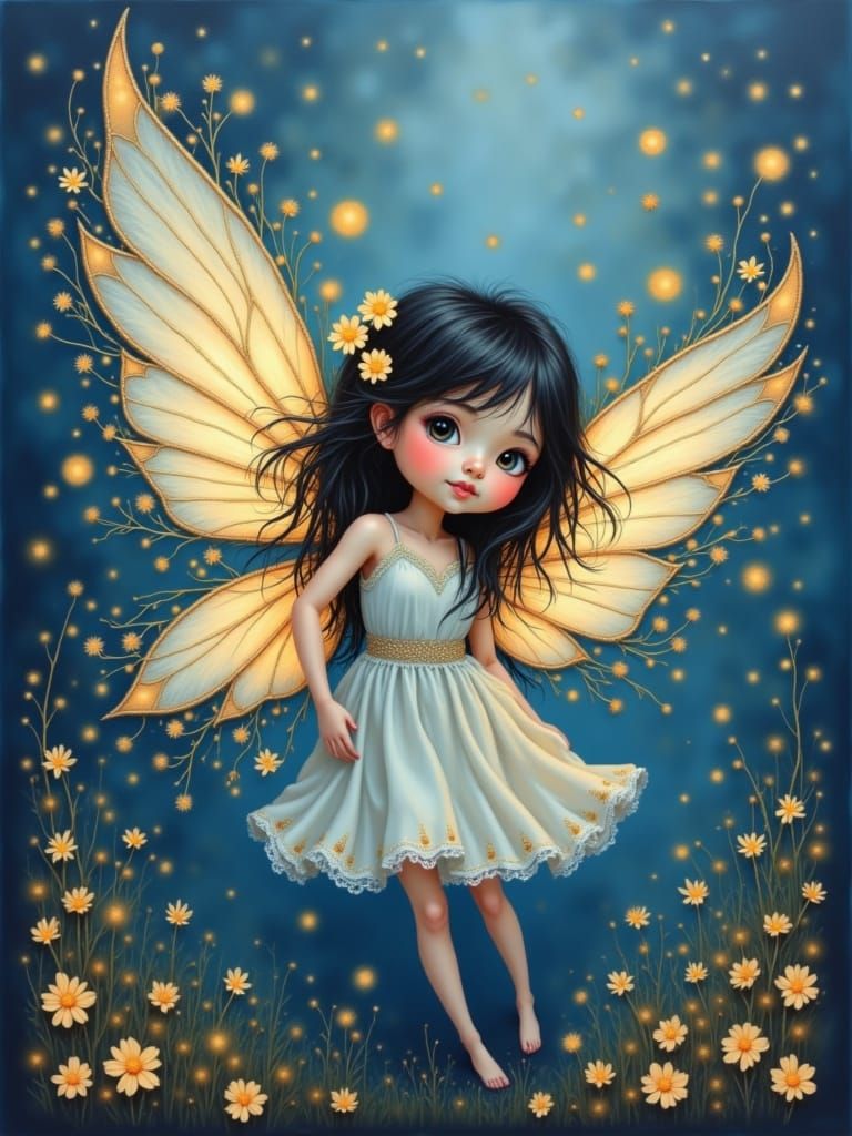 Whimsical Fairy with Luminescent Wings and Tiny Flowers