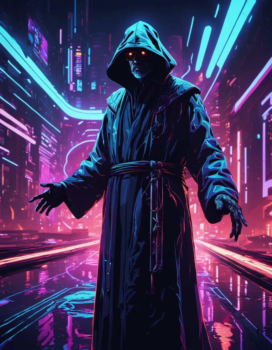 Mysterious Wizard Conjuring Spells in Cyberpunk City