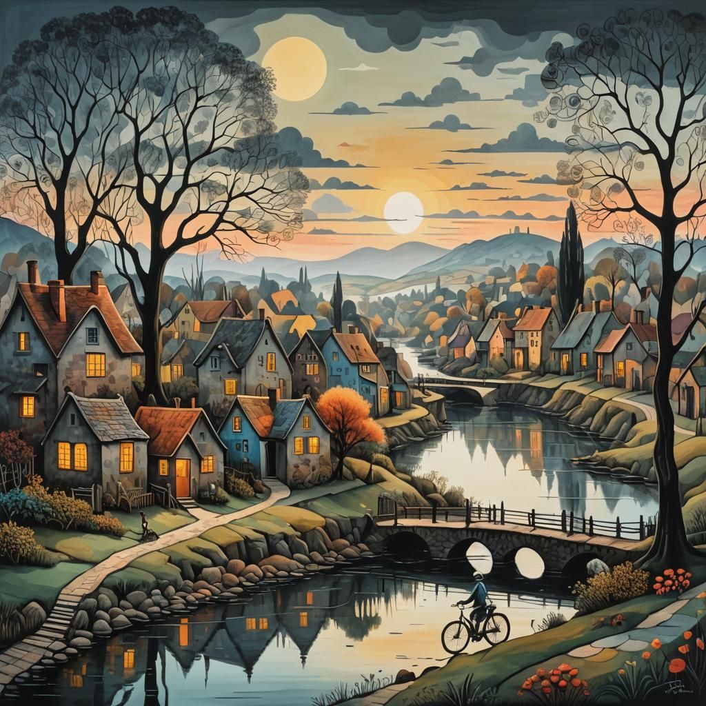 Village by River at Sunrise in Surreal Style