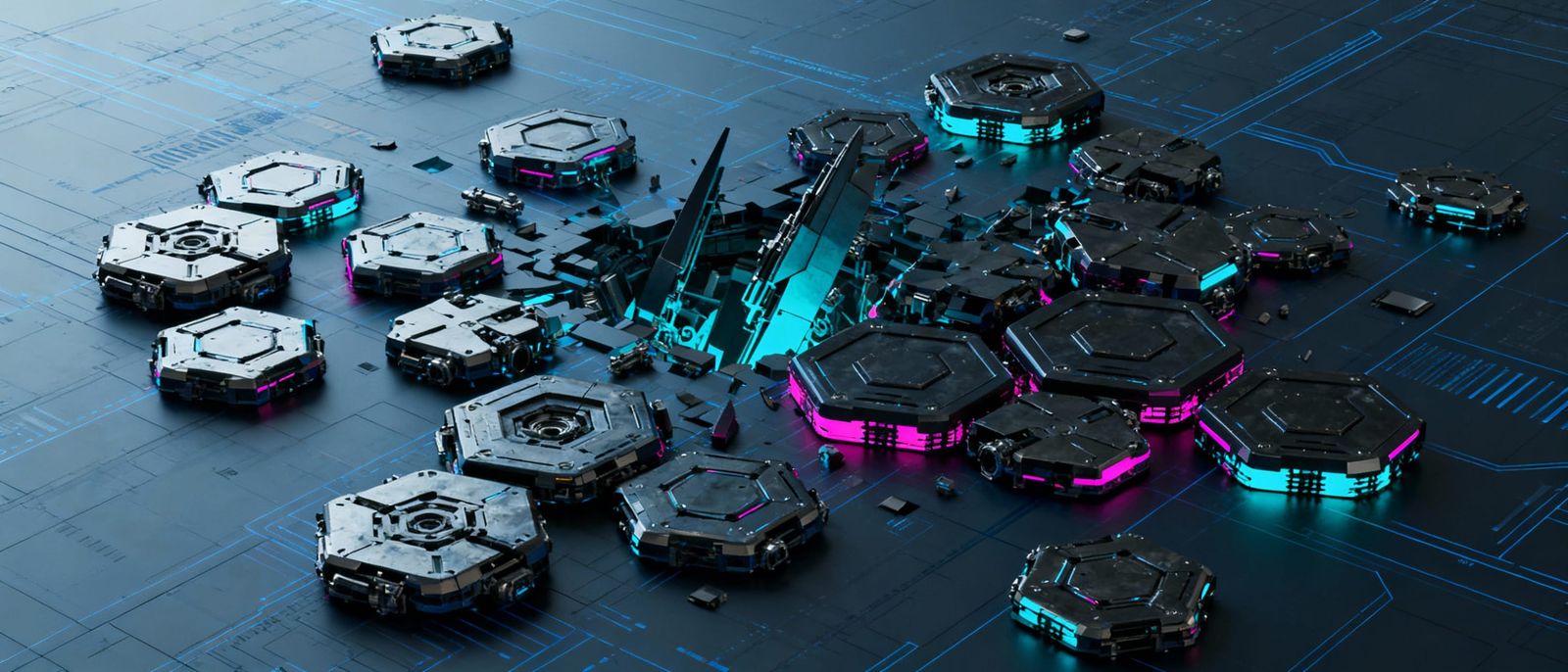 3D Hexagonal Robots on Tech Plane