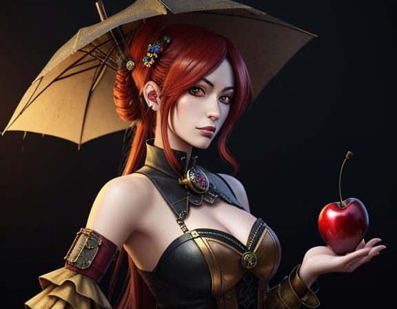 Steampunk Anime Woman with Oversized Cherries