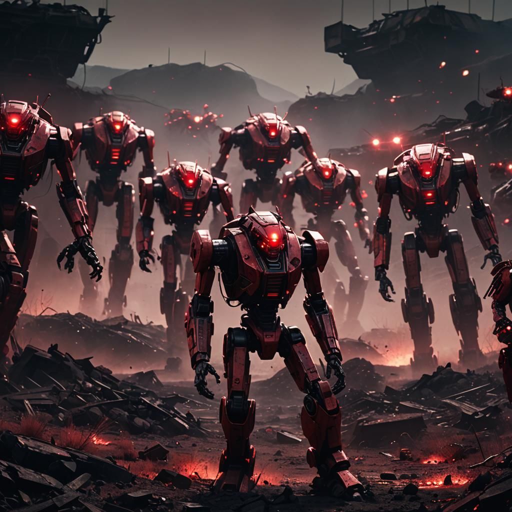 Glowing Red Robots Advance in Wasteland