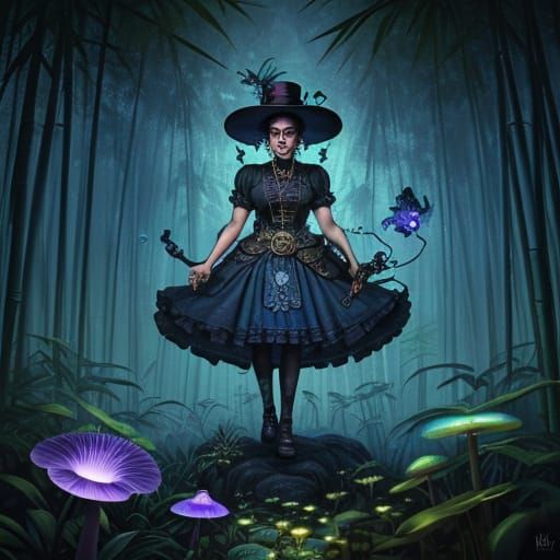 Floral Skull in Bioluminescent Forest, Oil Painting