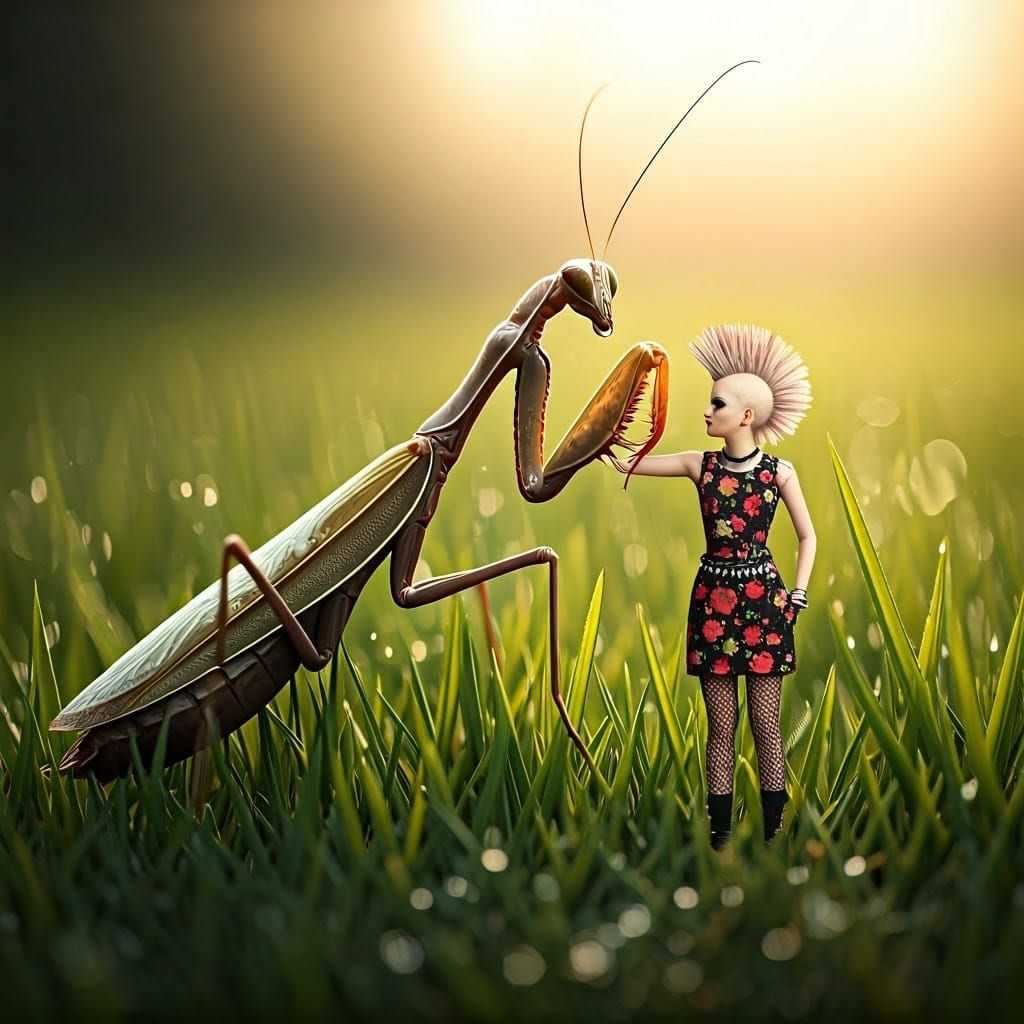 Praying Mantis and Punk Figurine in Hyperreal Garden