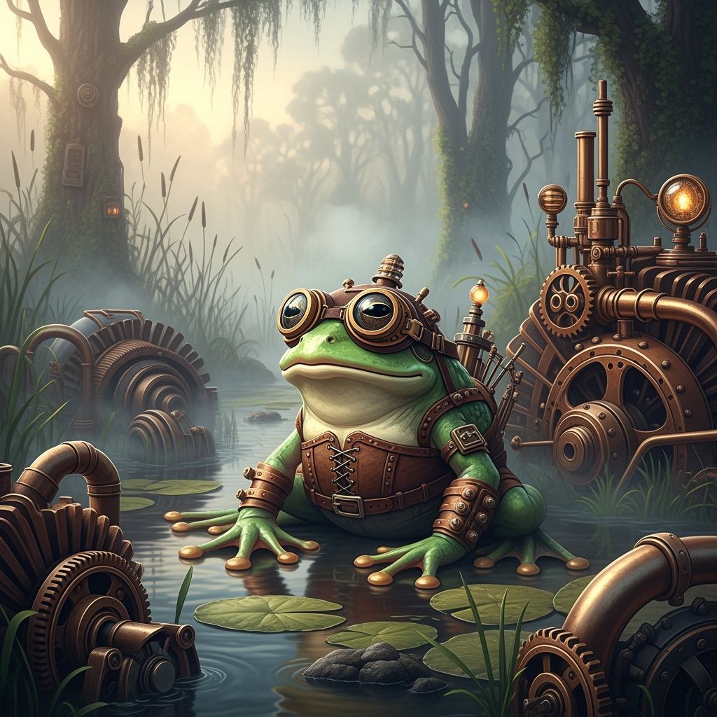 Steampunk Frog on Misty Swamp, Syd Mead Style