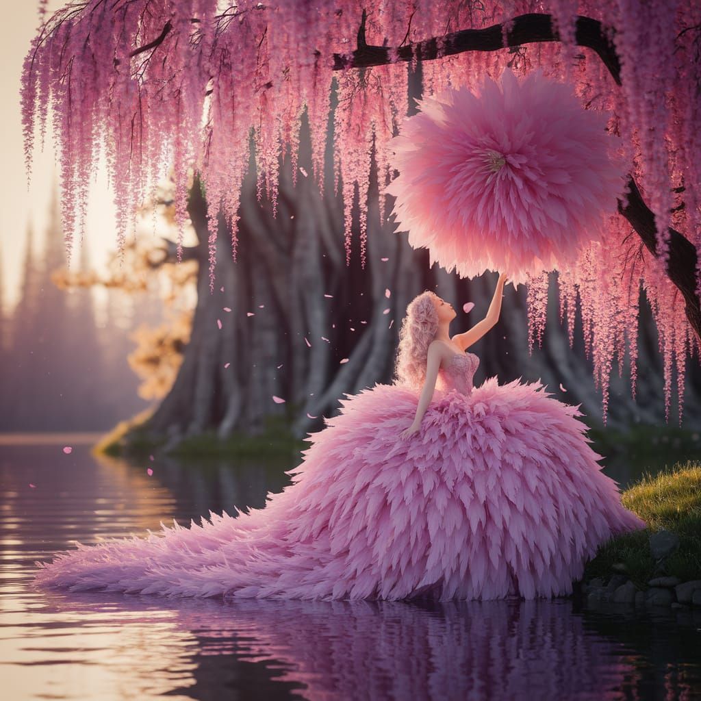 Fantasy Woman in Pink Feather Gown by Lake with Giant Blosso...