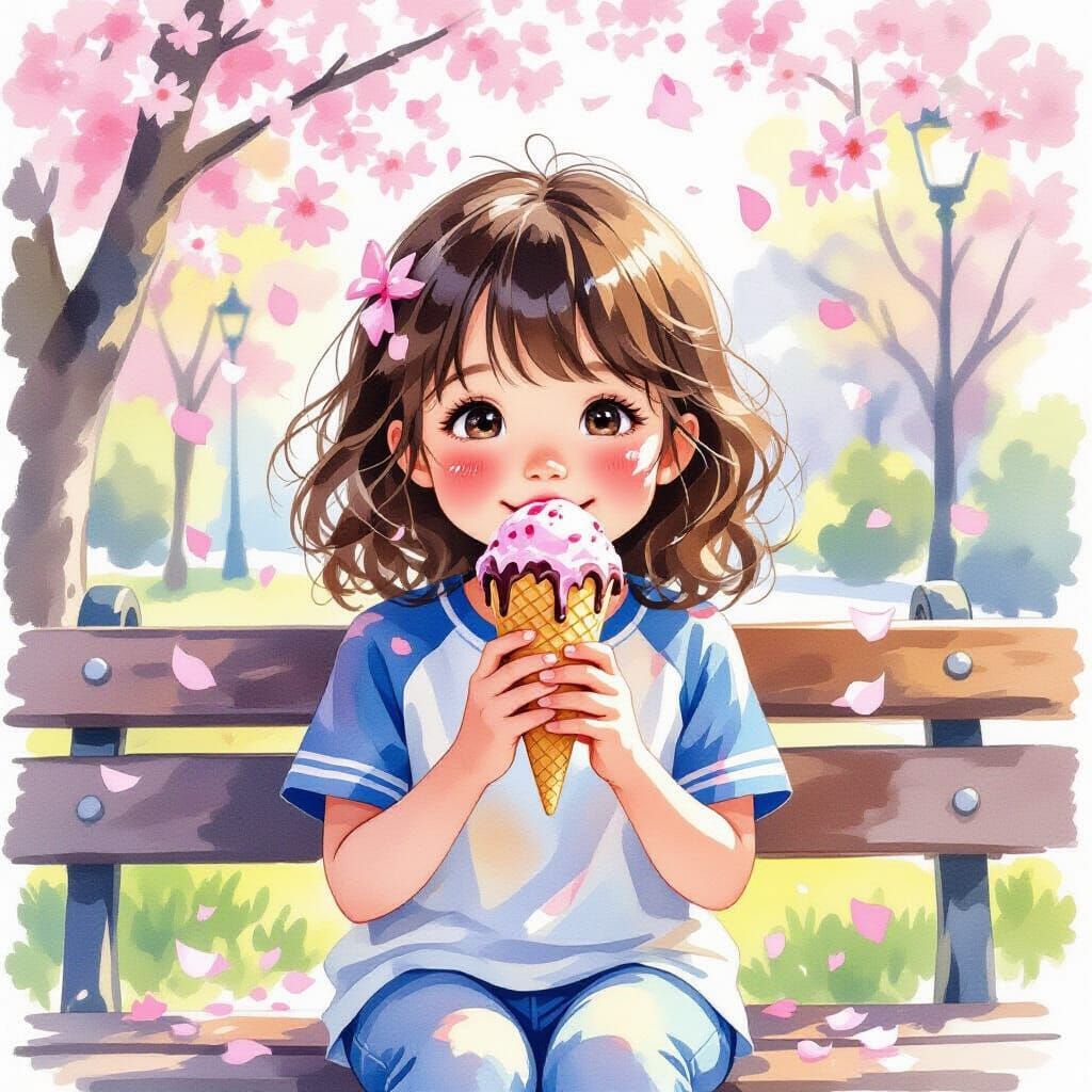 Girl Enjoys Ice Cream Amidst Falling Cherry Blossoms