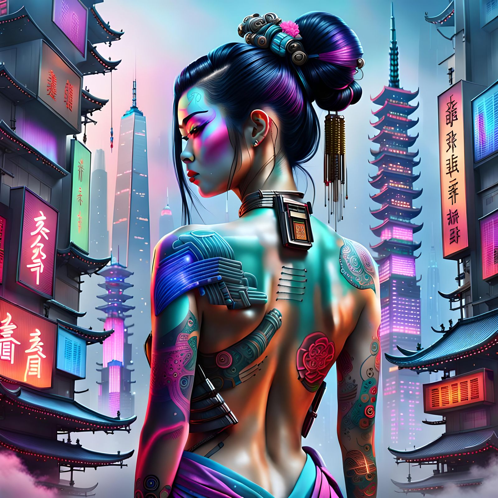 Cyberpunk Geisha with Neon Cityscape Background