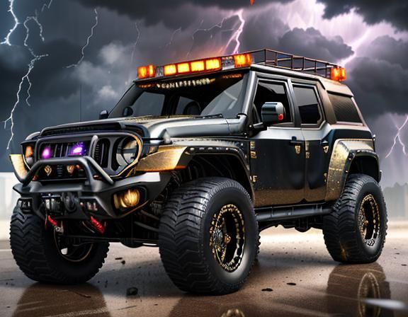 Metallic Black Vehicon Warthog in Lightning Storm