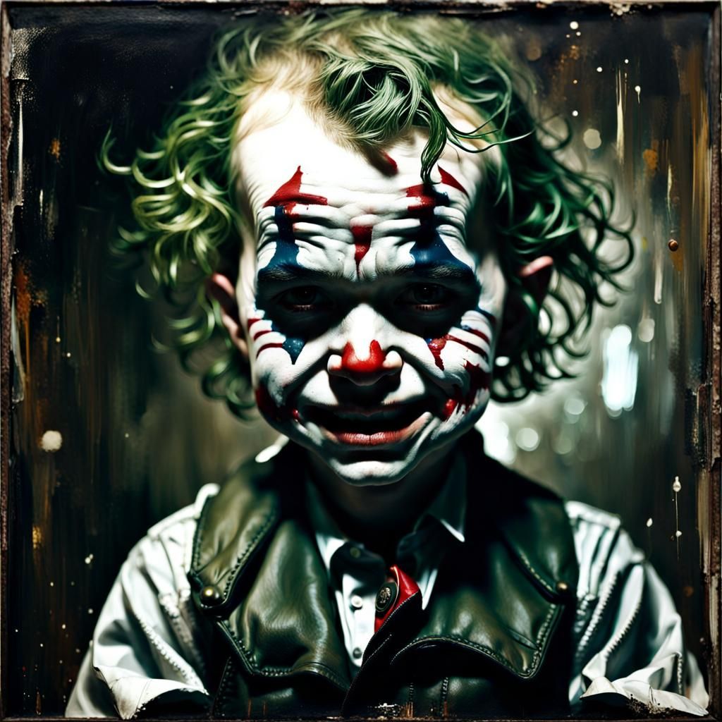 Hyperrealistic Baby Joker Portrait in Mixed Media Style