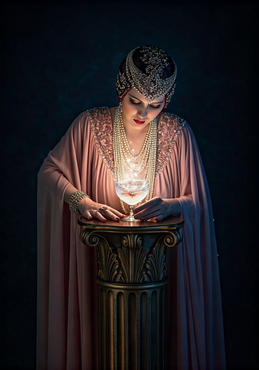Art Deco Priestess Contemplates Magical Cocktail