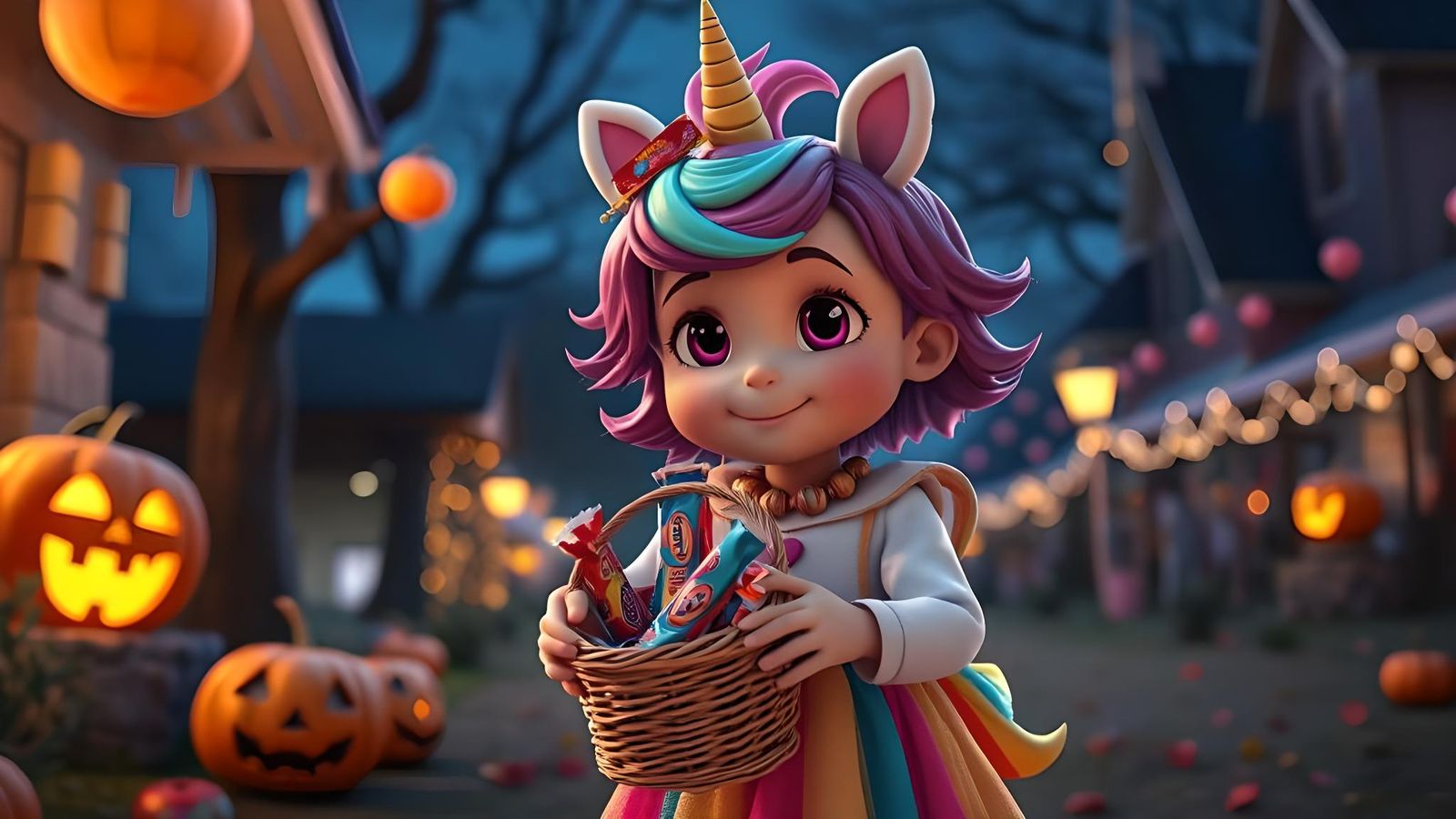 Toddler in Unicorn Costume on Halloween Night