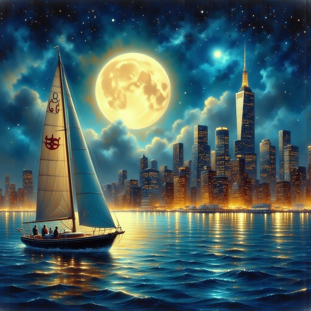 Sailboat at Night with Golden Bay City