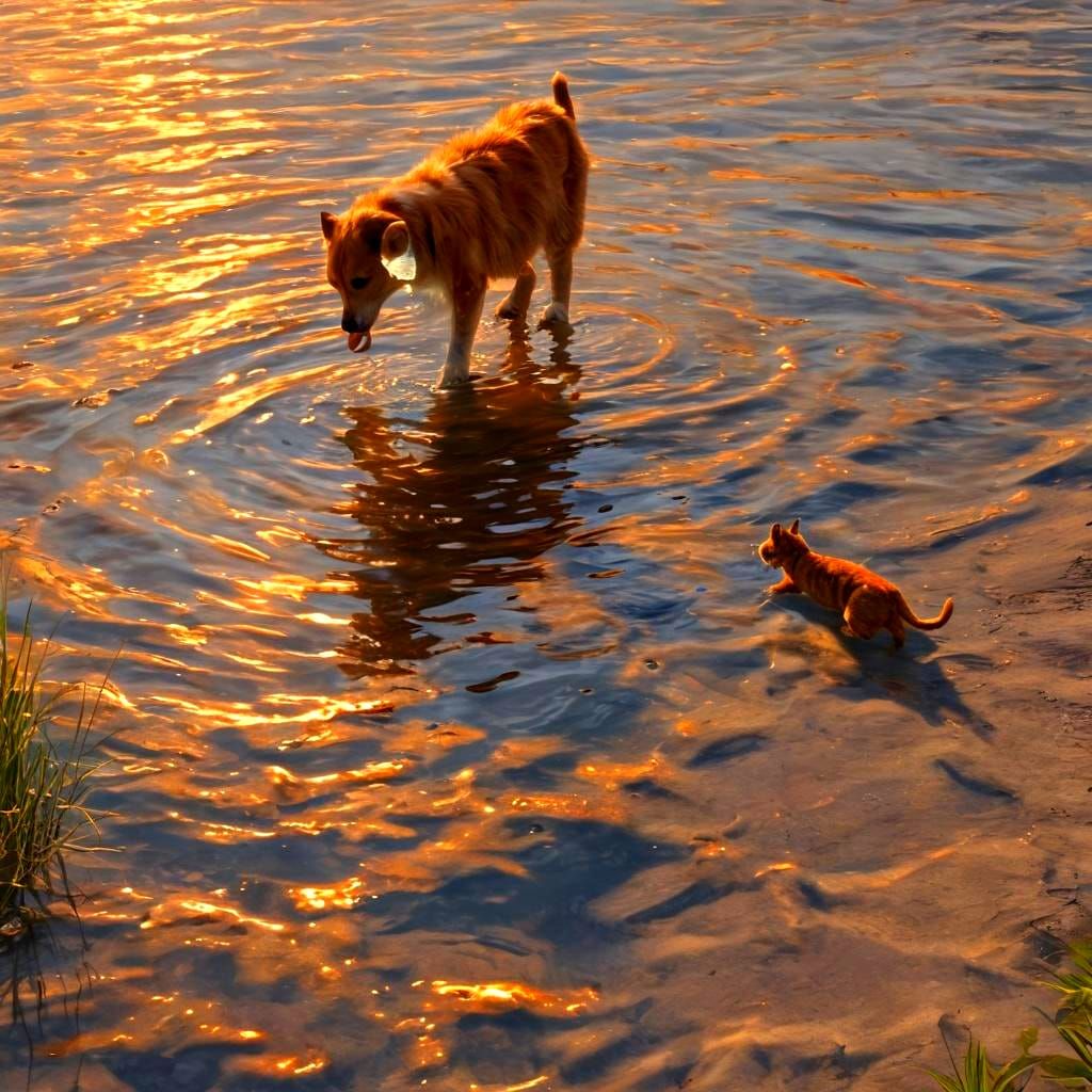 Cat and Dog Playing at Sunset: Fantasy Concept Art