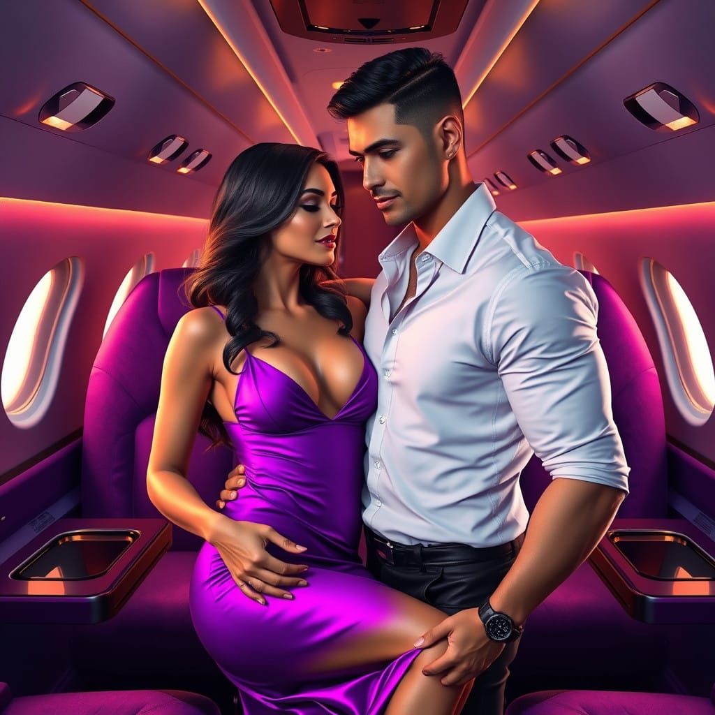 Elegant Couple in Luxurious Airplane Cabin