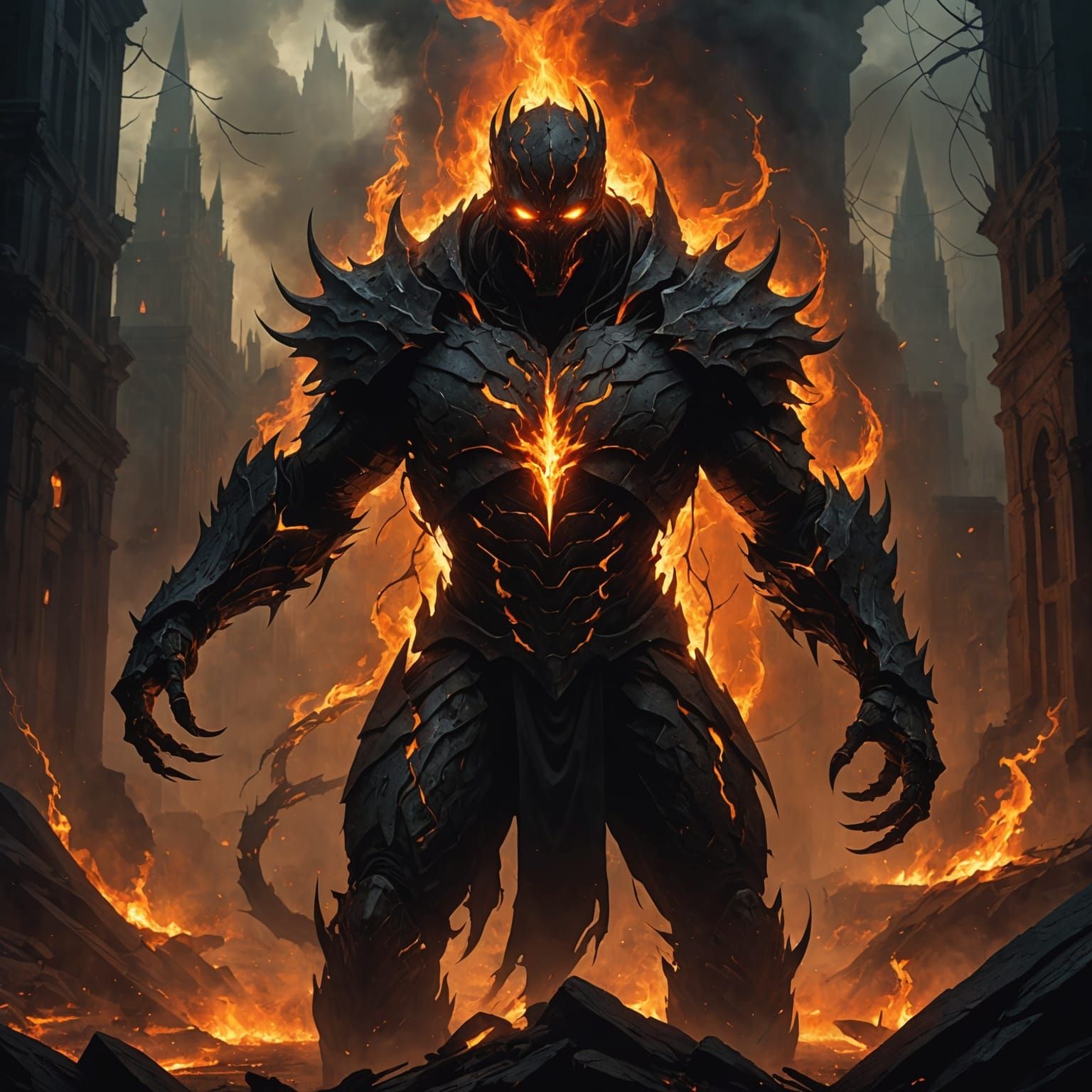 Dark Shadow Figure with Fiery Cracks