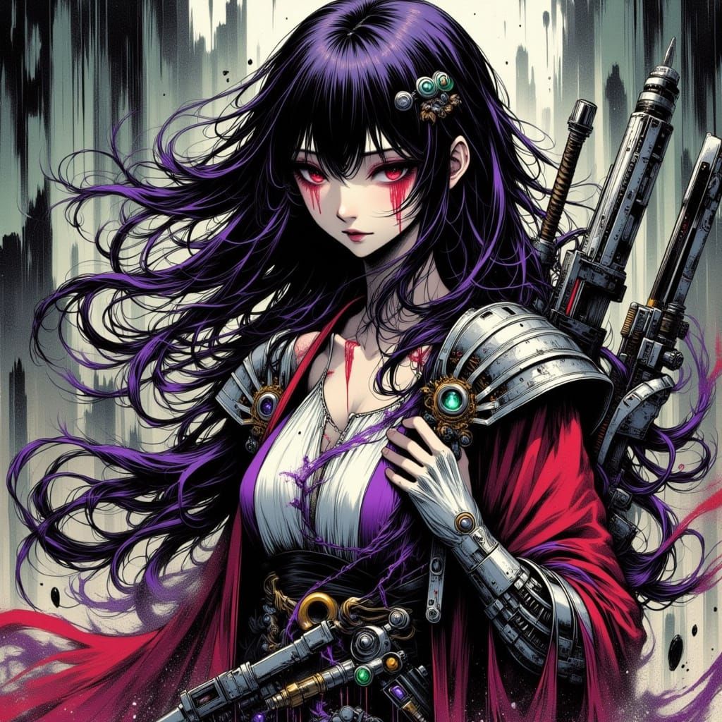 Exhausted Woman Warrior in Dark Sci-Fi Battle