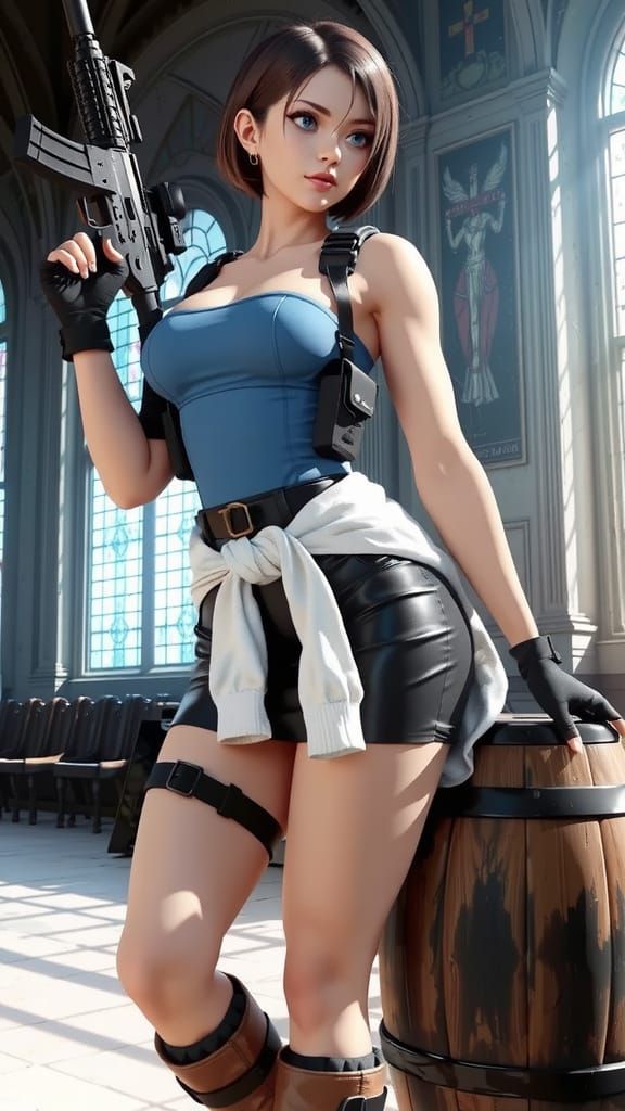 Jill Valentine in Action Pose, Gritty Apocalyptic Scene