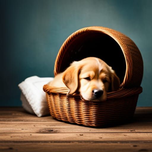 Sleepy Puppy in a Basket