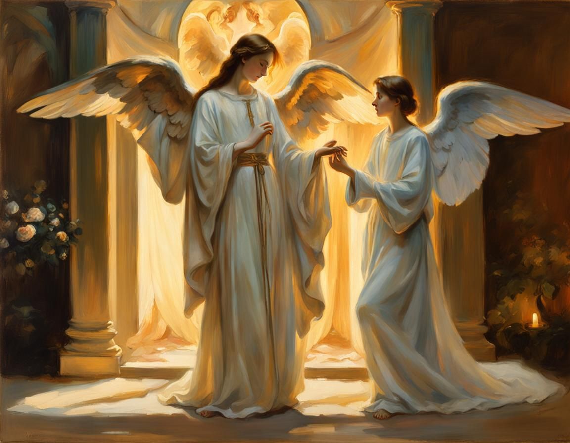 Gentle Angel Gabriel Visits Mary in a Softly Lit Chamber