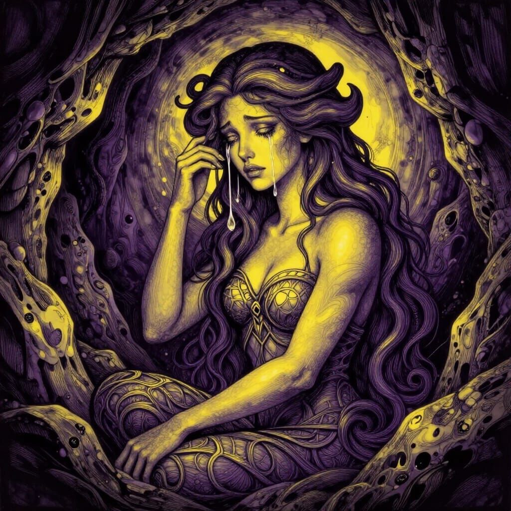 Medusa Cries in Stone Cave, Alcohol Ink Masterpiece