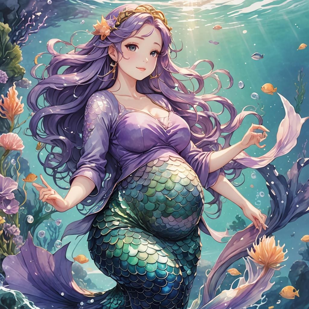 Pregnant Anime Mermaid in Watercolor Style