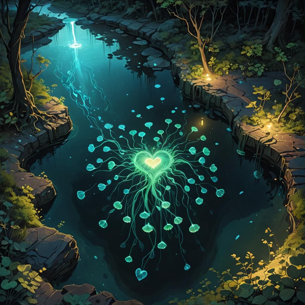 Bioluminescent Heart Shimmers in Magical Seaside Swimming Ho...