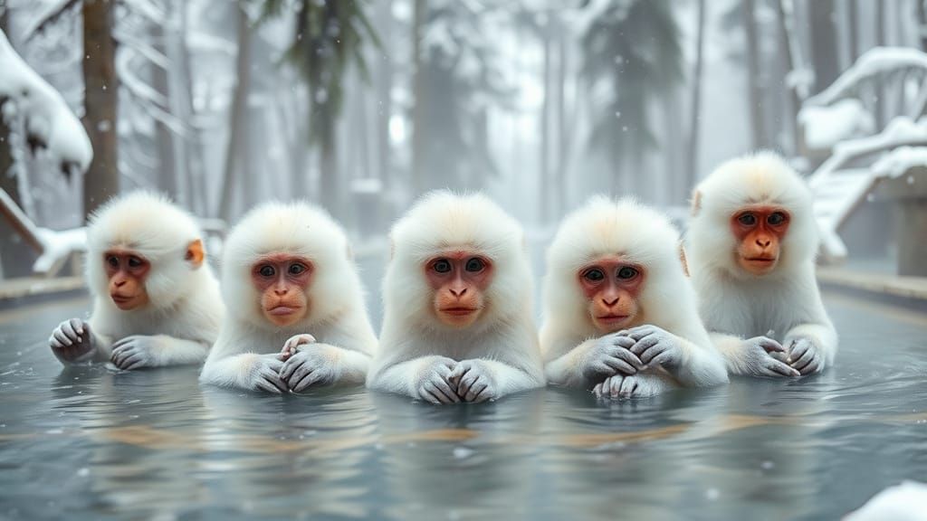 Snow Monkeys in Forest Hot Spring, Watercolour Style