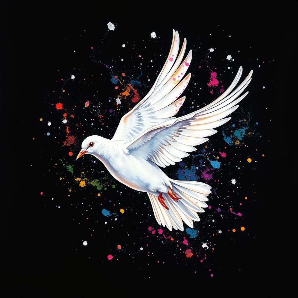 Hyper-Realistic White Dove in Vibrant Ink Splatters